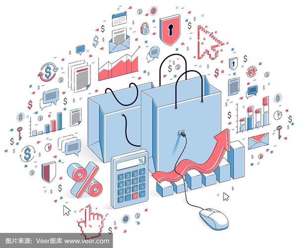 网上商店概念,网上商店,网上销售,购物袋与电脑鼠标连接隔离上白.